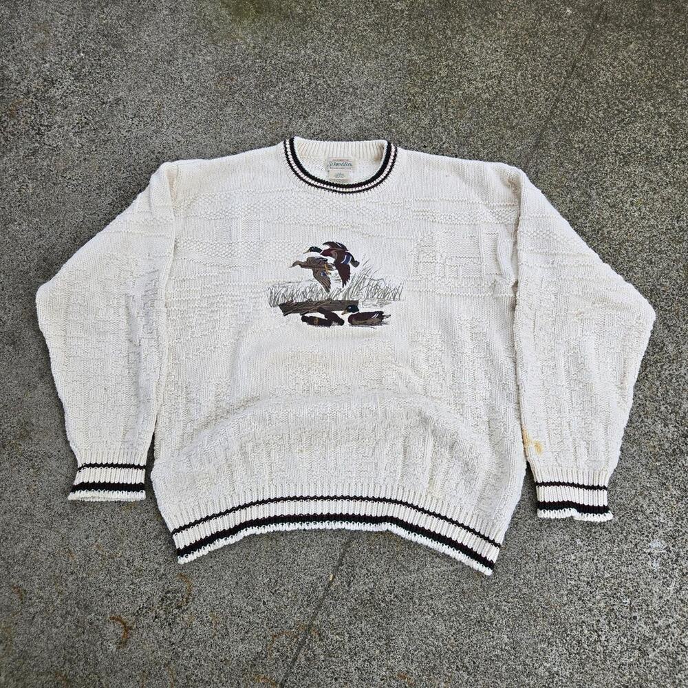 Vtg 90s ST JOHNS BAY Ducks Marsh Scene Fair Isle Knit Crewneck Sweater L USA
